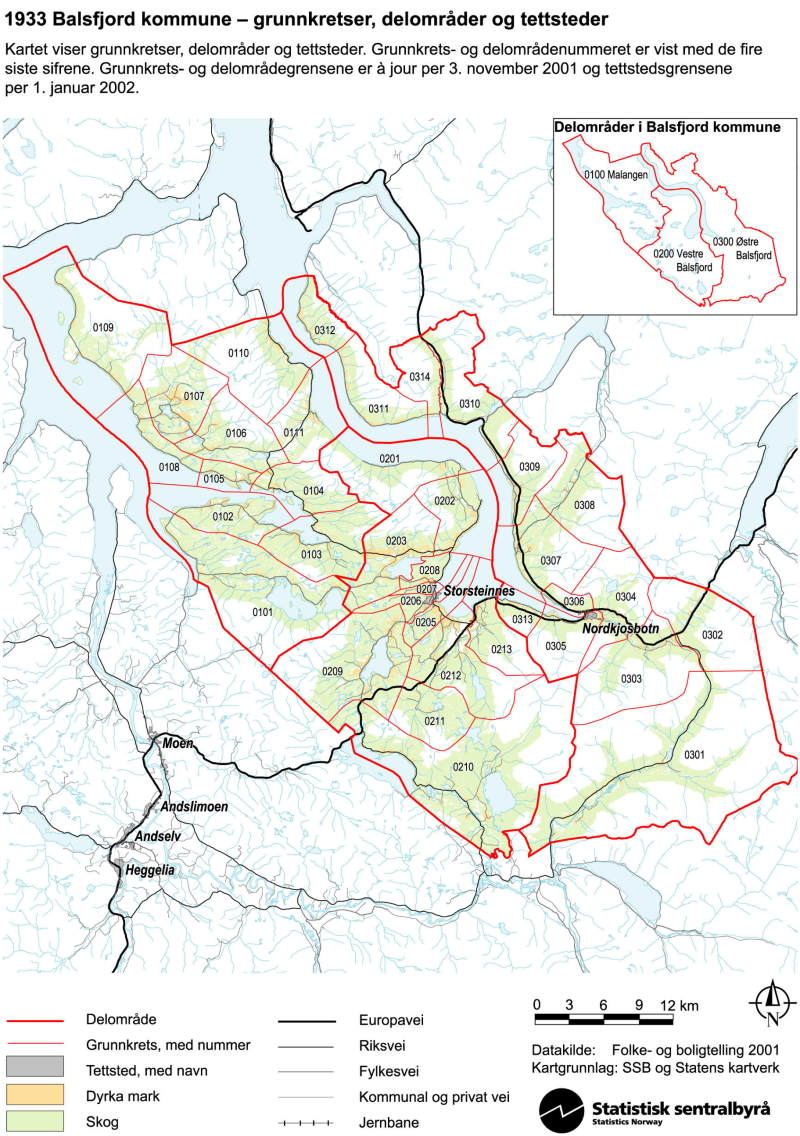 Kart over Balsfjord kommune grunnkretser og delområder