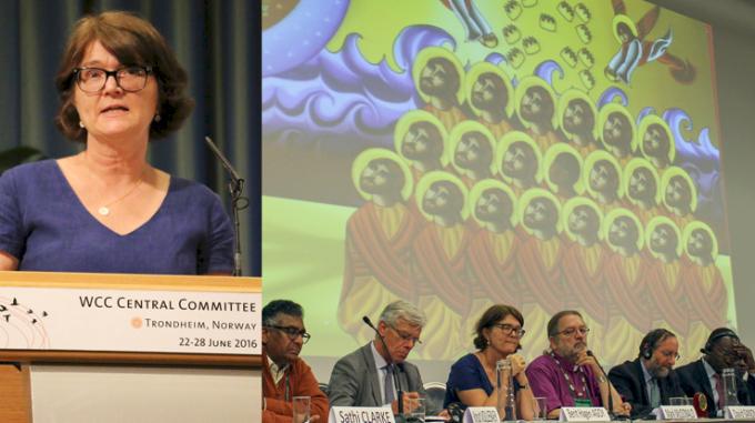 Generalsekretær Berit Hagen Agøy deltok i panelet da sentralkomiteen i Kirkenes verdensråd tok opp temaet "Religion og vold".