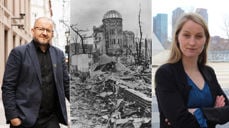 Til venstre: Einar Tjelle, generalsekretær i Mellomkirkelig råd. I midten: Ruinene av Genbaku-domen fra oktober 1945, som i dag er bevart som minnesmerke. Foto: Shigeo Hayashi. Til høyre: Tuva Krogh Widskjold, koordinator i ICAN Norge