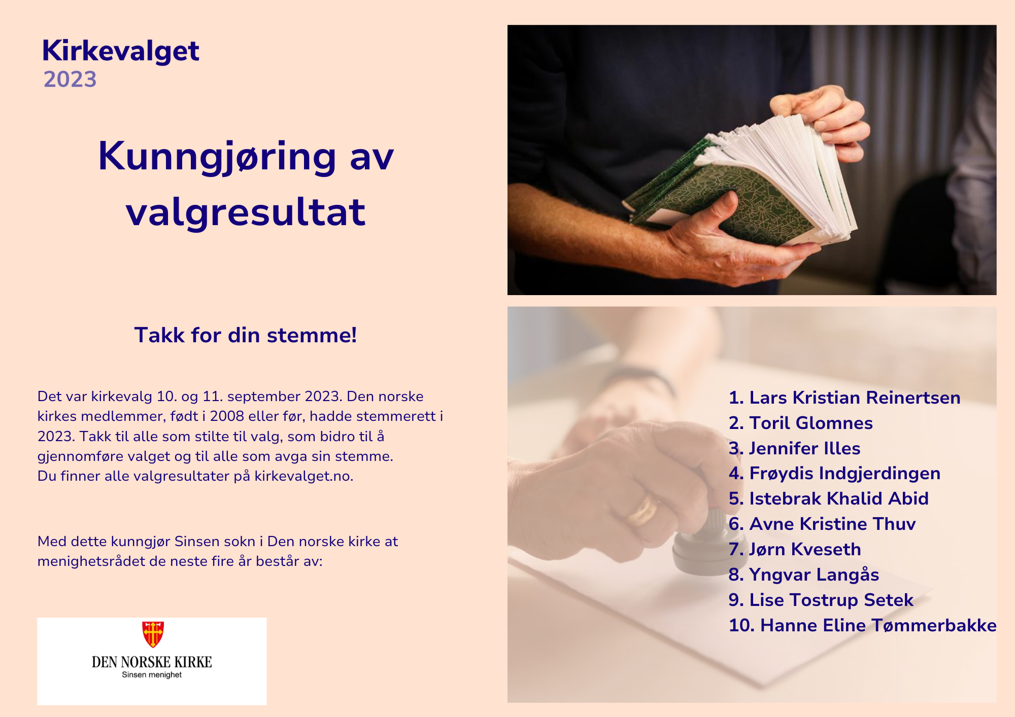 Kunngjøring av valgresultat Sinsen sokn 2023