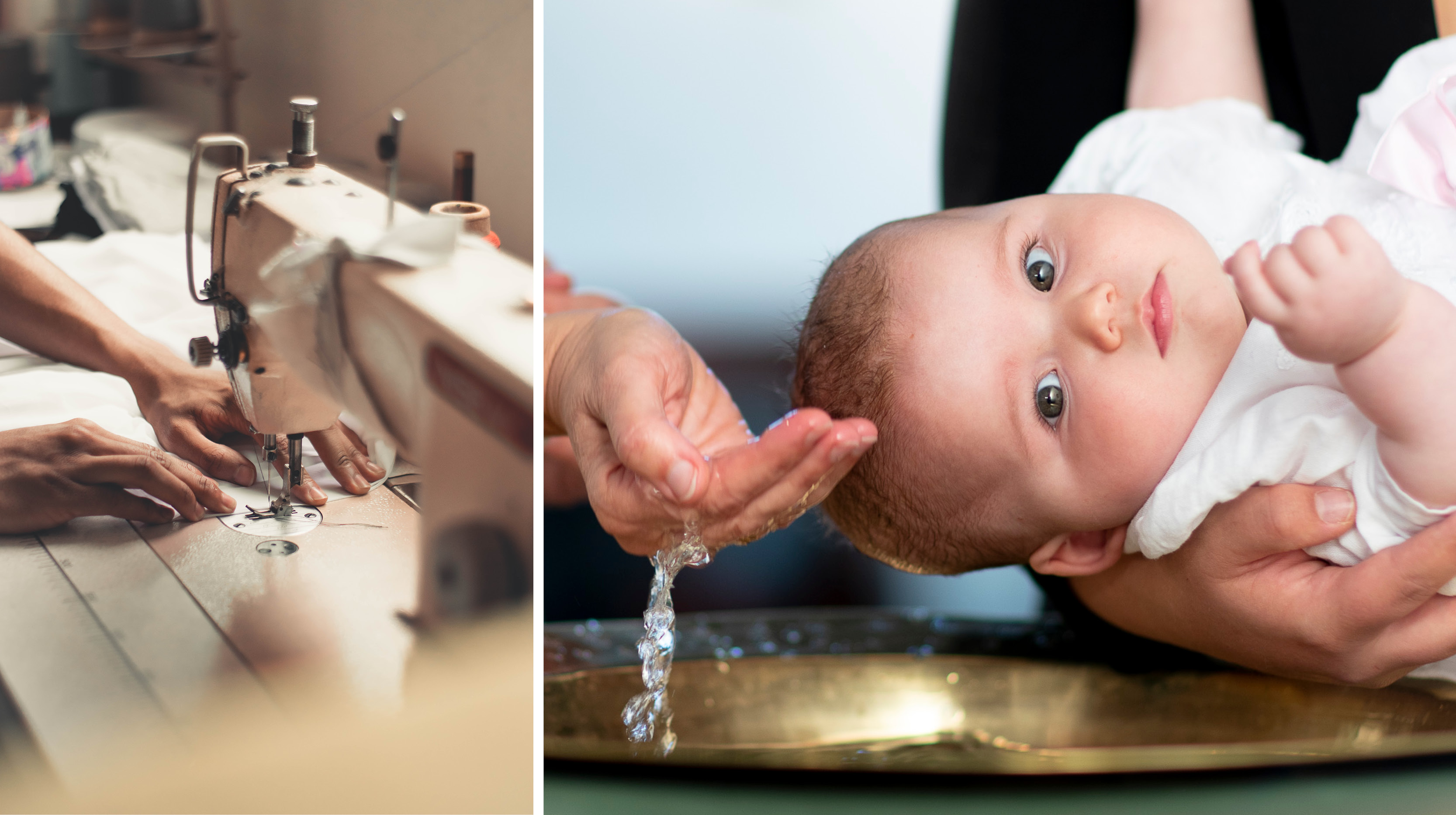 Sy en dåpskjole selv. Foto: pexels.com og Den norske kirke / Bo Mathisen