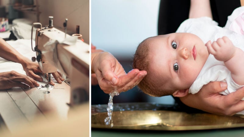 Sy en dåpskjole selv. Foto: pexels.com og Den norske kirke / Bo Mathisen