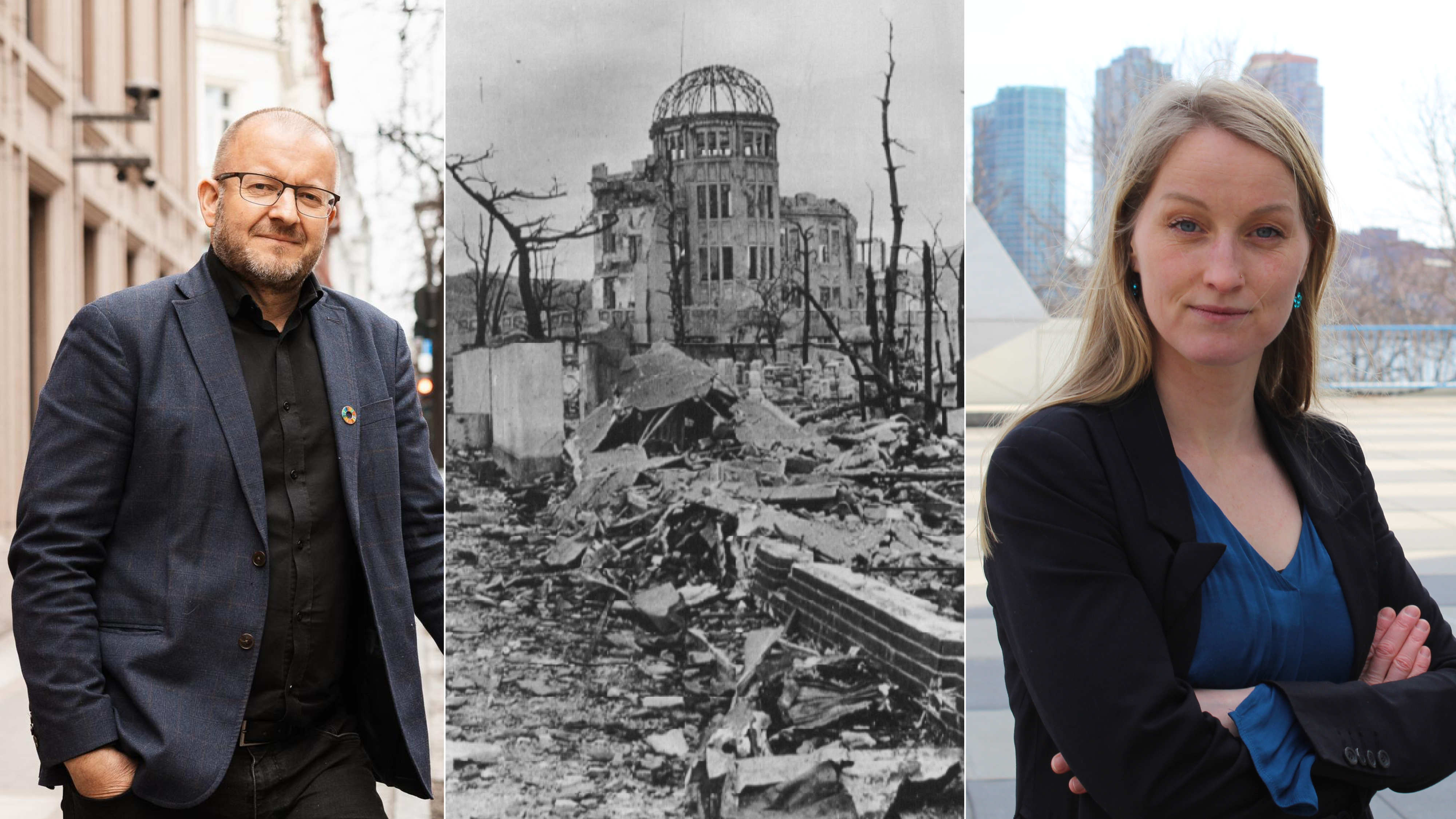 Til venstre: Einar Tjelle, generalsekretær i Mellomkirkelig råd. I midten: Ruinene av Genbaku-domen fra oktober 1945, som i dag er bevart som minnesmerke. Foto: Shigeo Hayashi. Til høyre: Tuva Krogh Widskjold, koordinator i ICAN Norge 