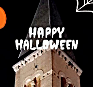 Bilde av Lovisenberg kirketårn med teksten Happy Halloween, et smilende gresskar og en flaggermus.