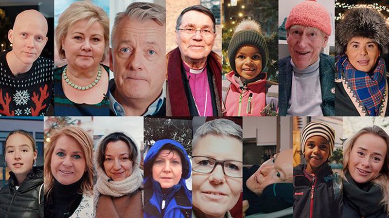 En collage med alle som er med og leser i filmen "Juleevangeliet 2019".