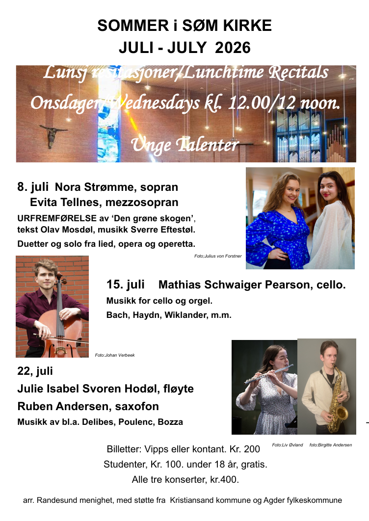 Plakat: Sommerkonserter i Søm kirke 8., 15. og 22. juli kl. 12