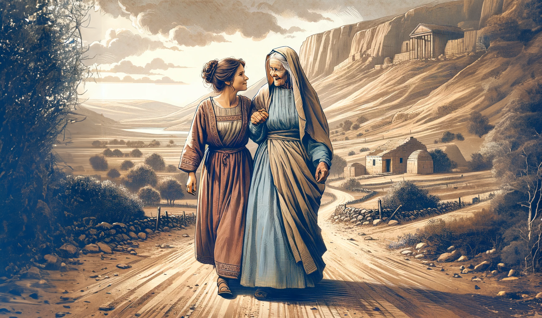 Historien om Rut og hennes svigermor Noomi er en troshistorie på tvers av generasjoner. Illustrasjon: Dall-E.