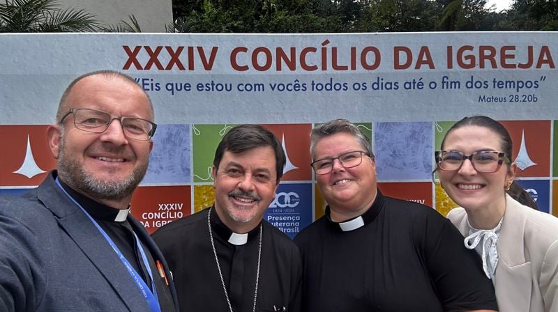 Fra venstre: Intensjonal direktør i Den norske kirke Einar Tjelle, visepresident i den lutherske kirken i Brasil (IECLB) Mauro Souza, leder i Mellomkirkelig råd Kristine Sandmæl, visepresident for Latin-Amerika i Det lutherske verdensforbund Isabella Reimann Gnas.