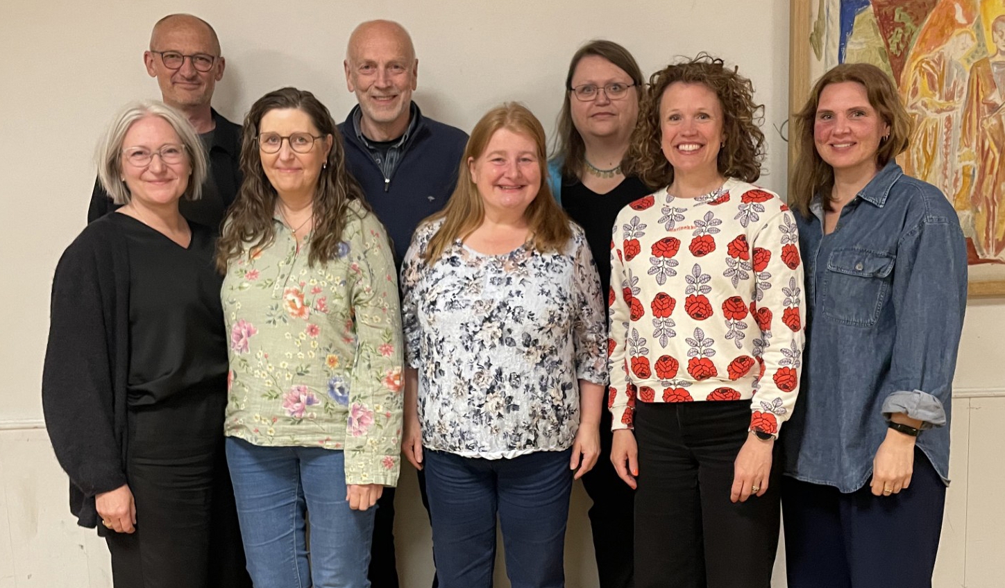 FBHO-styret i Majorstuen kirke, mai 2026. F.h.: Anne Berit Evang, Thomas Berbom, Sissel Håve Smørvik, Tor Øystein Vaaland (styreleder), Grete Beate Lønne, Eldrid Brekke, Elise Gillebo Skredsvig og Ann-Kathrin Fjøren Kasbo.