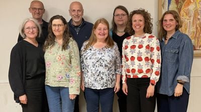 FBHO-styret i Majorstuen kirke, mai 2026. F.h.: Anne Berit Evang, Thomas Berbom, Sissel Håve Smørvik, Tor Øystein Vaaland (styreleder), Grete Beate Lønne, Eldrid Brekke, Elise Gillebo Skredsvig og Ann-Kathrin Fjøren Kasbo.