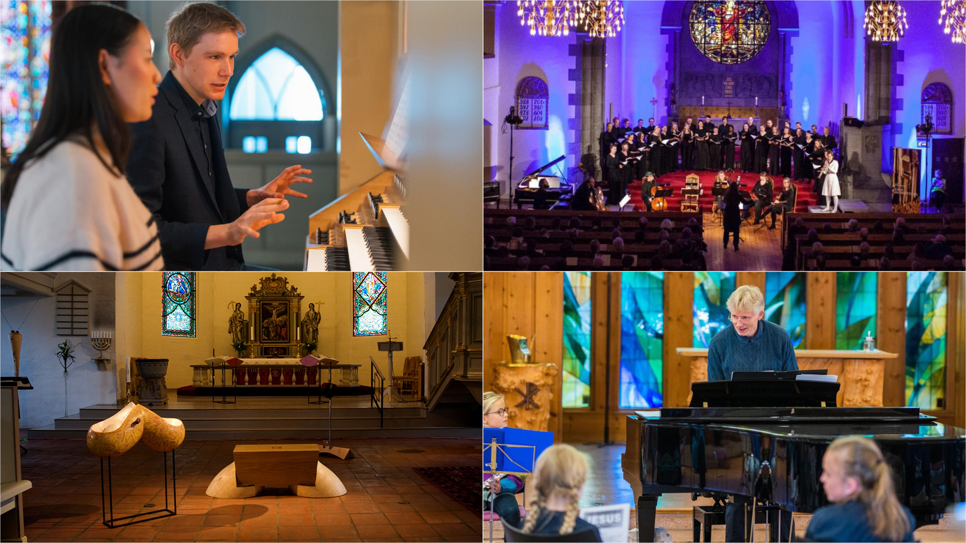 Kirkens kunst- og kulturtilbud er mangfoldig! Orgelundervisning i Bragernes kirke, foto: Torstein Kiserud | Det norske pikekor i Frogner kirke, foto: Laila Meyrich | Påskeutstilling i Nøtterøy kirke, foto: Tollef Thorsnes | Kor- og korpsøvelse i Ås arbeidskirke, foto:  Torstein Kiserud