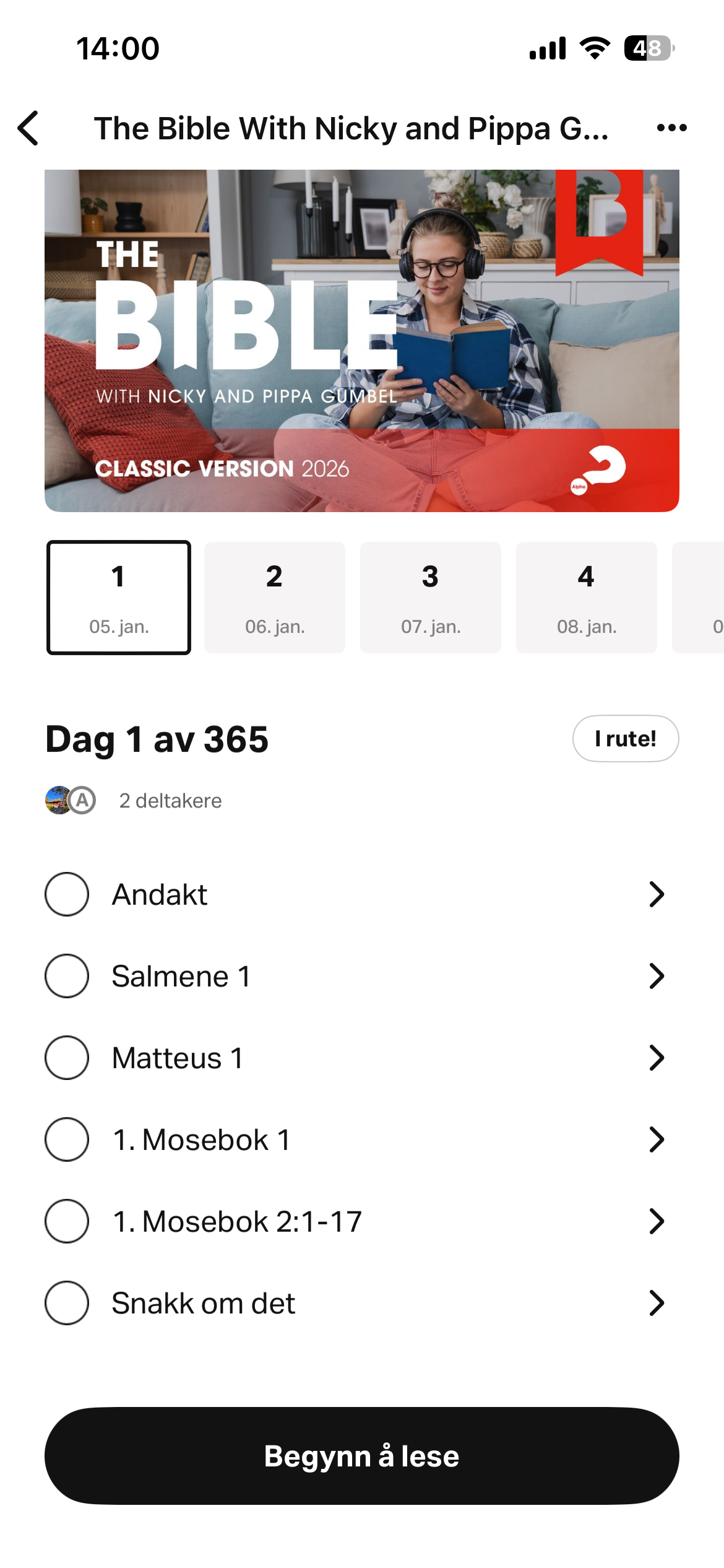 Skjermbilde av leseplanen i Youversion