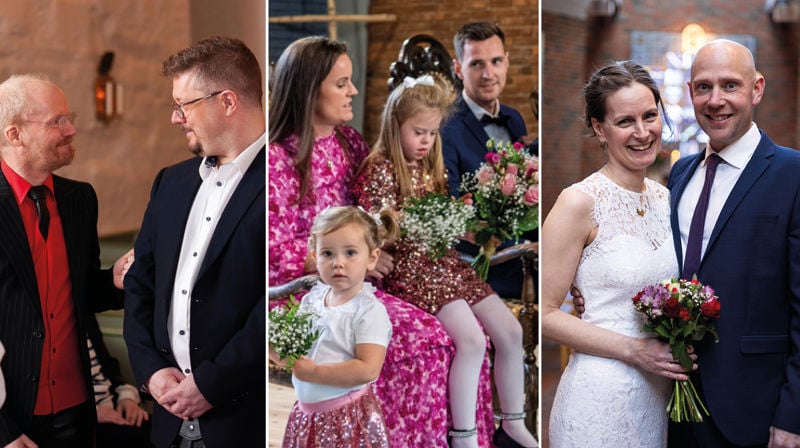 Til venstre: Erik og Tomas i Haug kirke, foto: Den norske kirke/Audun Haugen | Midten: Marte, Morten og barna deres i Namsos kirke, foto: Øivind Rånes, Namdalsavisa | Til høyre: Nina og Per i Ski nye kirke, foto: Den norske kirke