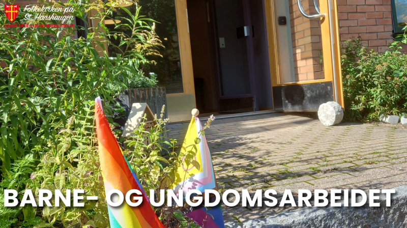 Bilde av inngangspartiet til Lovisenberg menighetshus med tekst "barne- og ungdomsarbeidet"