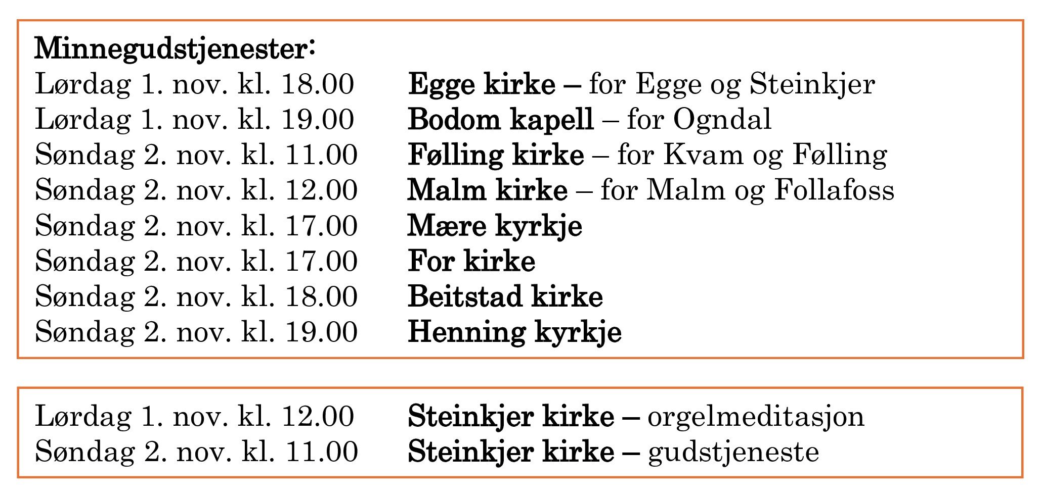 Oversikt over gudstjenestene i Steinkjer allehelgen 2025