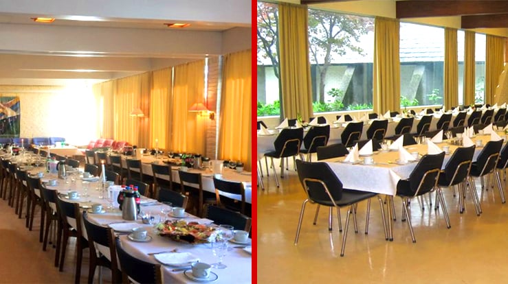 Foto av både småsalen og storsalen med dekket langbord.