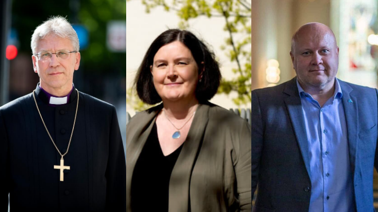 Preses i Den norske kirke, Olav Fykse Tveit; generalsekretær i Samarbeidsrådet for Tros- og livssynssamfunn, Ingrid Rosendorf Joys; generalsekretær i Norges kristne råd, Erhard Hermansen. 