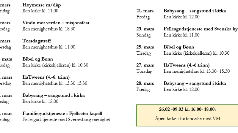 Dette skjer i mars i Ilen menighet