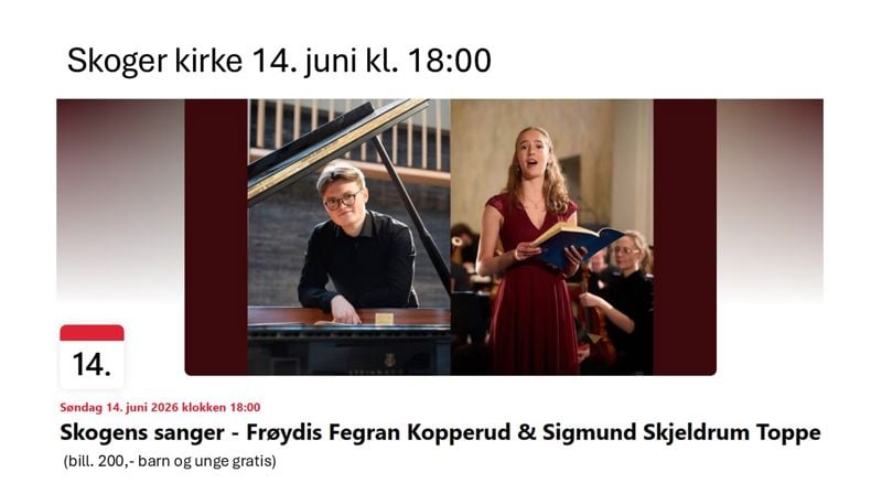 Konsert i Skoger kirke 14. juni kl. 18:00.