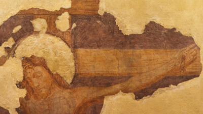 Detalj fra Emanuel Vigelands korsfestelses-freske i Vålerenga kirke, ødelagt i kirkebrannen 1979. Restaurert fragment henger i menighetssalen i kirka. Foto: Reiner Schaufler