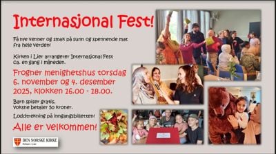 Velkommen til Internasjonal Fest på Frogner menighetshus torsdag 6. november og 4. desember kl. 16:00 - 18:00.