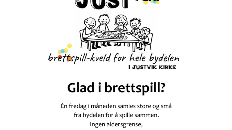 Just Play- sosialt treffpunkt med brettspill i Justvik kirke.