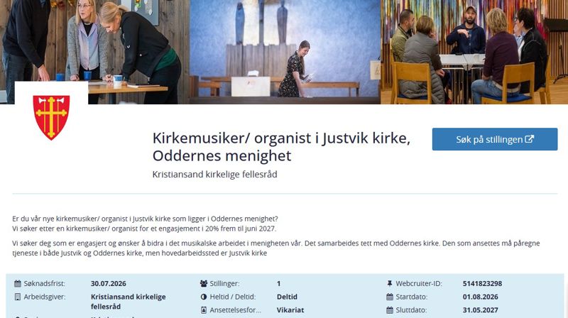 Kirkemusiker/ organist i Justvik kirke, Oddernes menighet