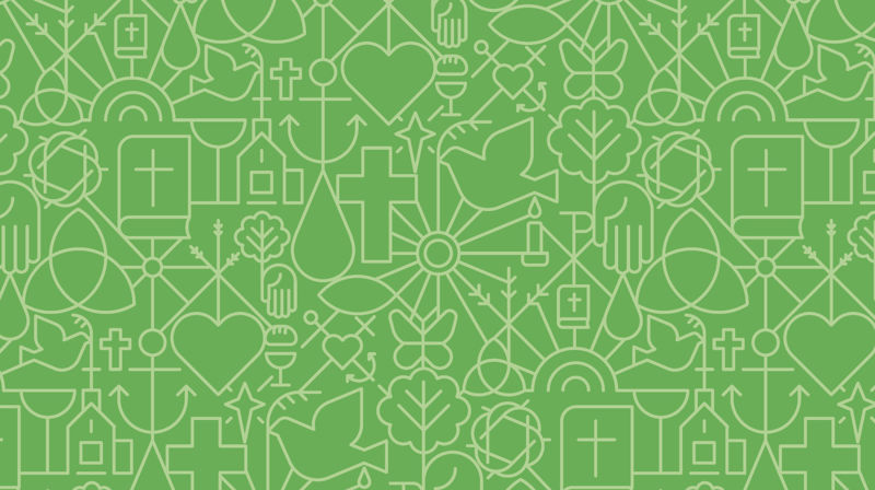 Kirkens mønster med mange små elementer som kors, hjerte, vanndråpe med mer.