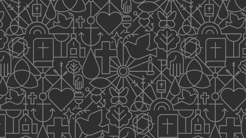 Kirkens mønster med mange små elementer som kors, hjerte, vanndråpe med mer.