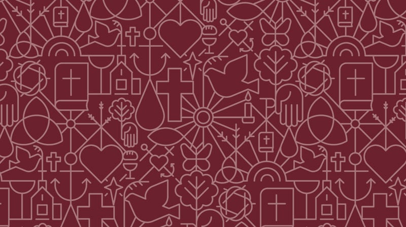 Kirkens mønster med mange små elementer som kors, hjerte, vanndråpe med mer.