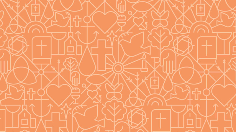 Kirkens mønster med mange små elementer som kors, hjerte, vanndråpe med mer.