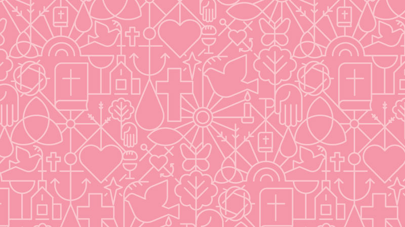 Kirkens mønster med mange små elementer som kors, hjerte, vanndråpe med mer.