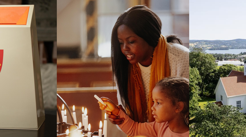 Kollasj av kirkebilder, blant annet med en valgurne og ulike medlemmer av kirken