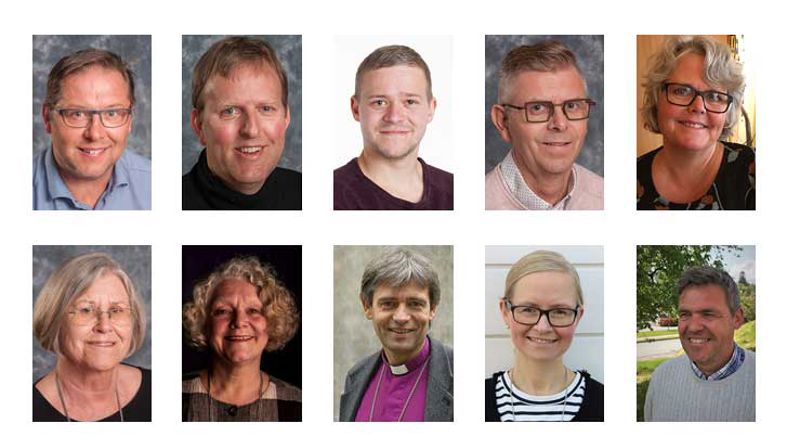 Øverst fra venstre: Odd Inge Uleberg (Åpen folkekirke), Markus Westermoen (Nominasjonskomiteens liste), Håkon Kolstad Varhaug (Bønnelista), Terje Damman (Åpen folkekirke), Turid Torland Håland (Nominasjonskomiteens liste), Torunn Tørå (Åpen folkekirke), Solveig Botnen Eide (Åpen folkekirke), biskop Stein Reinertsen, Kathrine Tallaksen Skjerdal (Prestenes representant), Per Gunnar Pedersen (representant for lek kirkelige tilsatte).