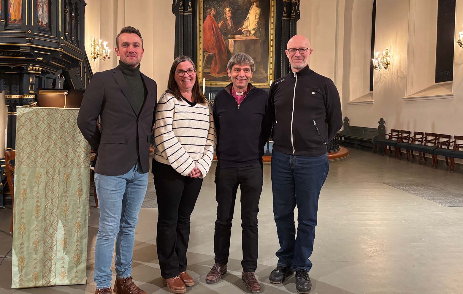 Femti kirkemusikere var samlet i domkirken 15. januar for å lytte til og bli inspirert av Mathias Gillebo, Grete Hasselgård Sele, biskop Stein og Tim Harry Blomberg. Foto: Vanja Grut