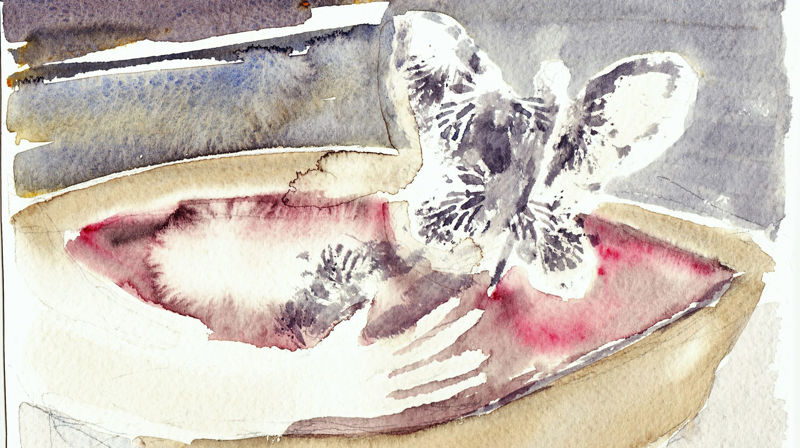 Ein av dei over 20 akvarellane som sokneprest Marit Isaksen Espedalen på Tysnes stiller ut.