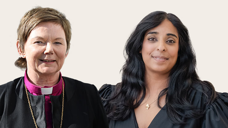 Biskop Ragnhild Jepsen og kultur- og likestillingsminister Lubna Jaffery møtest til samtale om tru i Bergen domkirke. Fotomontasje: Bjørgvin bispedømekontor og Ilja C. Hendel/KUD