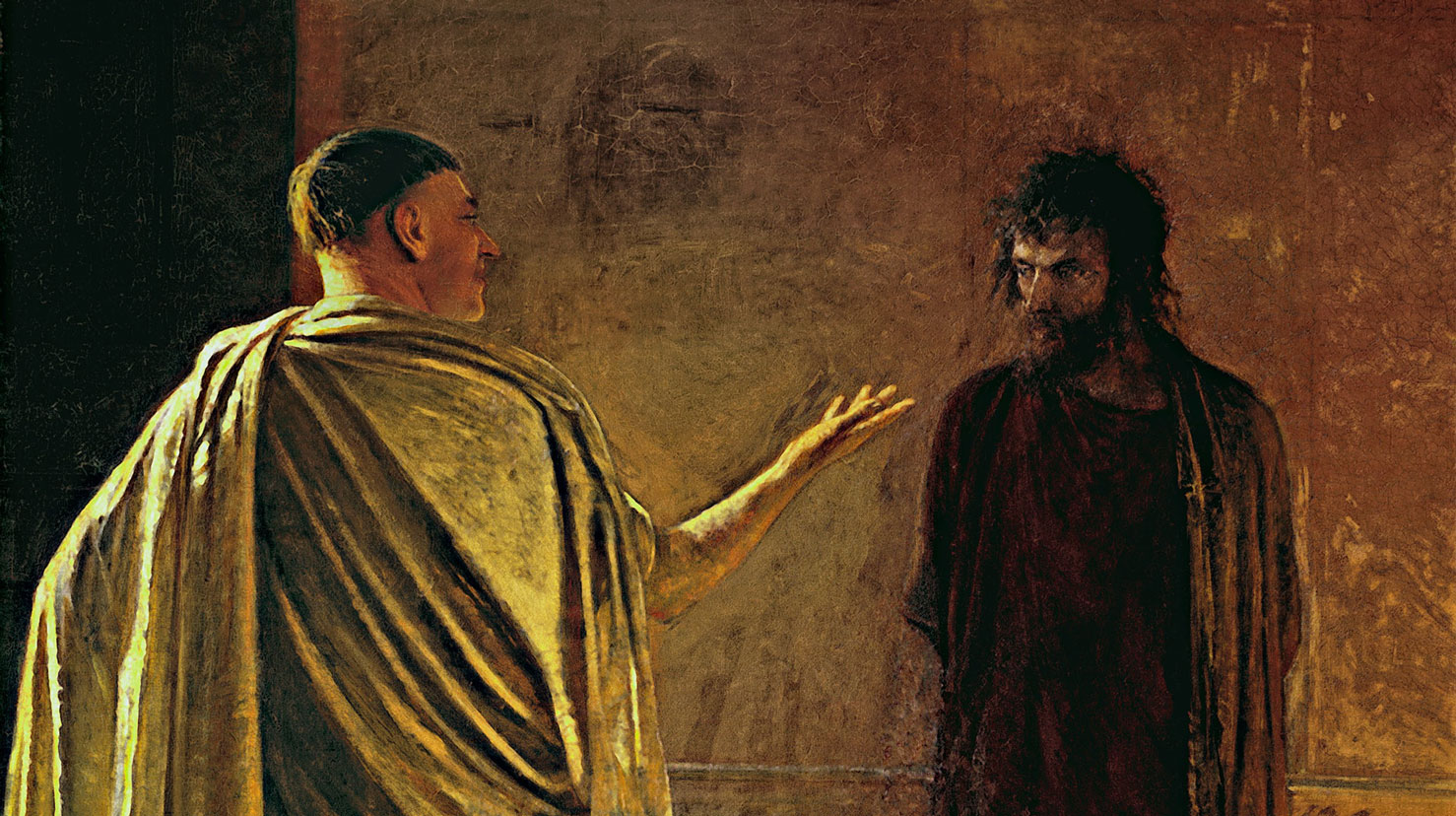 Kva er sanning? Utsnitt av maleri som viser Pontius Pilatus i møte med Jesus. Maleri av Nikolai Ge (1890). Kjelde: Wikimedia Commons art