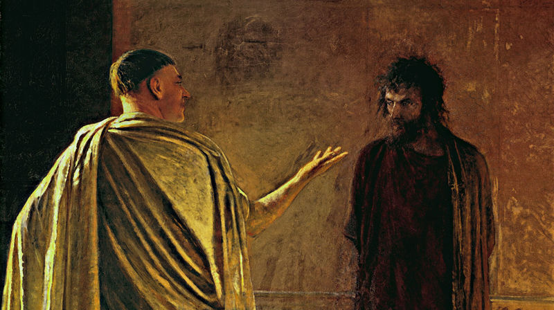 Kva er sanning? Utsnitt av maleri som viser Pontius Pilatus i møte med Jesus. Maleri av Nikolai Ge (1890). Kjelde: Wikimedia Commons art