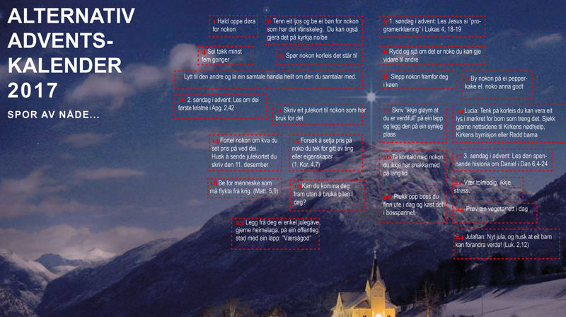 På denne kalenderen er alle lukene opne, men du får litt å gjera kvar dag likevel.