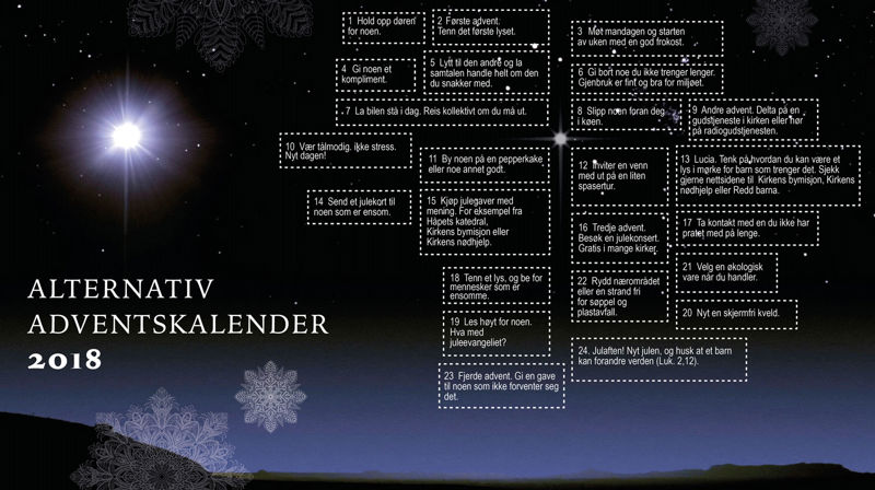 På denne kalenderen er alle lukene opne, men du får litt å gjera kvar dag likevel.