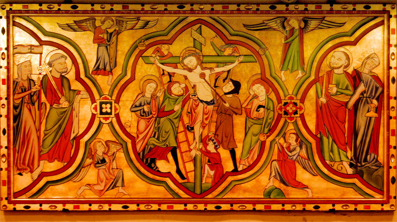 Kinsarvik kyrkje, kopi av altarfrontale (Original, ca 1200, på Bergen museum, kopi måla av Siri Herland). Rundt kanten står det: «NEC-DS-NEC-HONO-PRESES-QVM-CARNIS-YNACO-SET-DS-EST-HONO-PRESES-QVAN-SING-NAT-YMAGO» (Korkje av Gud eller menneske er dette biletet, som du ser. Men det er eit bilete både av Gud og menneske.) Foto: Anne Marta Hoff, NIKU, 2005