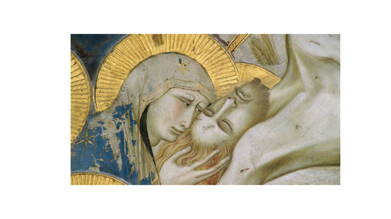 Maria sørgjer. Utsnitt av Pietro Lorenzetti sin freske frå Assisi.