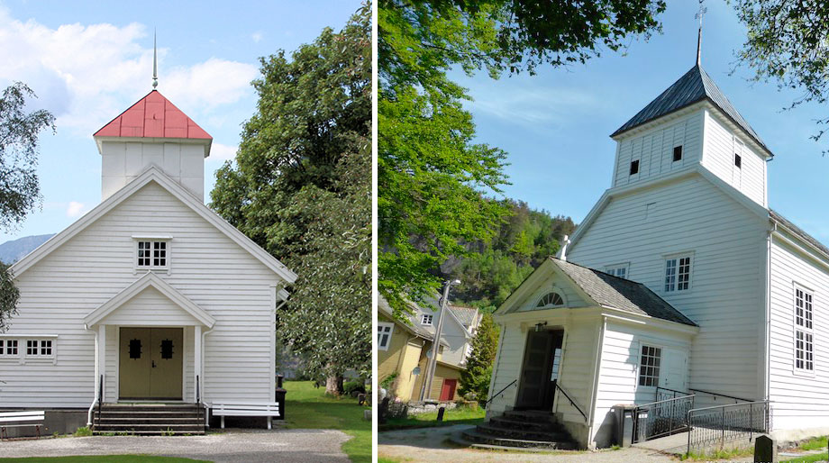 Bolstadøyri bedehus (t.h.) og Evanger kyrkje. Foto. Torild Granehaug, kirkebyggdatabasen