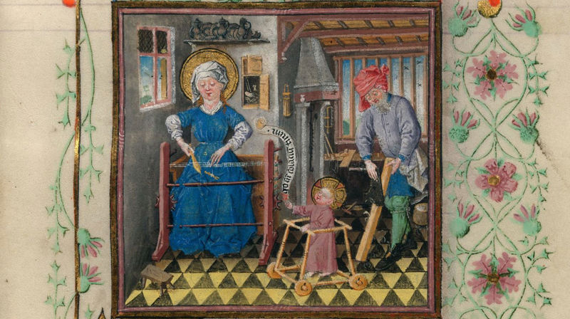 Eit nokså idyllisk bilete av Jesus som lærer å gå, henta frå bøneboka The Hours of Catherine of Cleves (Utrecht, ca 1440).