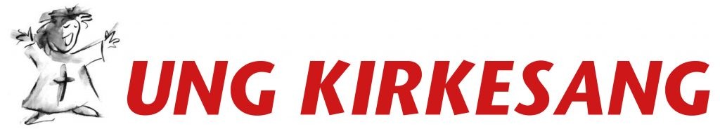 Ung kirkesang sin logo med strekteikning av ein blid dirigent med ein stor kross på magen
