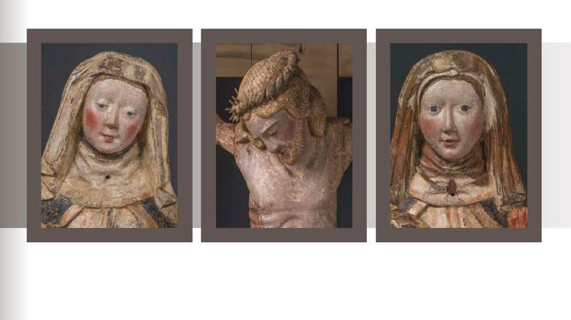 Tre mellomalder-skulpturar frå Gjerstad kyrkje på Osterøy, eit krusifiks og to kvinnelege helgenskulpturar, pregar framsida til årsrapporten for 2016. Som den gongen, er kyrkja i Bjørgvin også no ein møtestad mellom Gud og menneske. Foto:NIKU