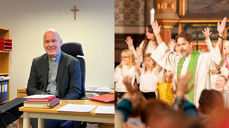 Vetle Karlsen Eide (t.v.) blir rådgjevar for diakoni, kyrkje og samfunn og Øyvind Rise blir kyrkjefagsjef/avdelingsleiar for kyrkje og samfunn ved Bjørgvin bispedømekontor. Foto frå prestekontoret i Kvam: Jens Meyer. Foto frå hausttakkefest i Johanneskirken: Gyrid C. Nygaard.