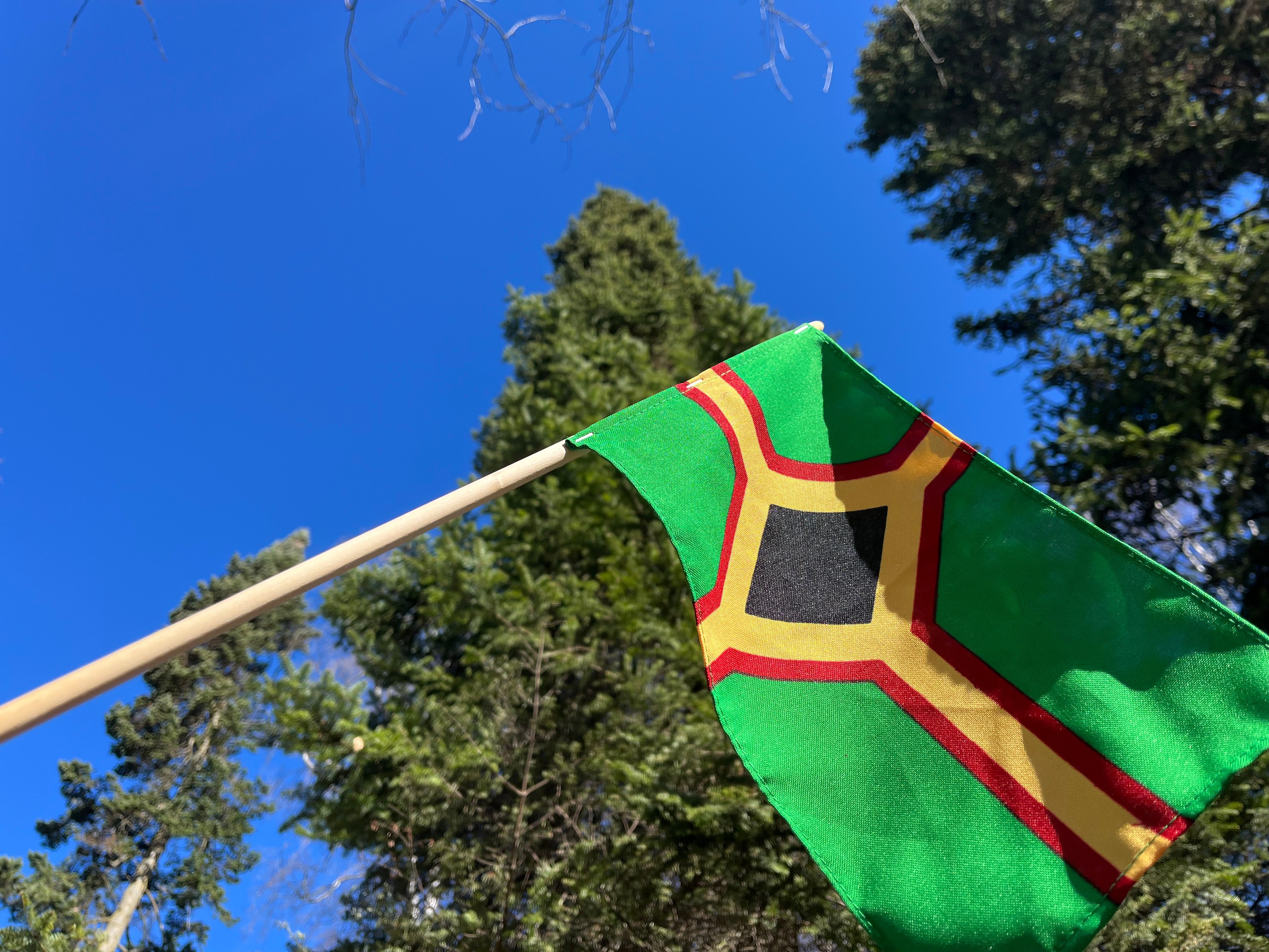 Flagget symboliserer skogens betydning for svedjebrukskulturen (grønt), moden svedjerug (gult), ilden og rognetreet-som var regnet som hellig (rødt), og soten fra røyk og svedje (svart) som også står for fruktbarhet. Foto: Hamar bispedømmeråd