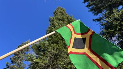 Flagget symboliserer skogens betydning for svedjebrukskulturen (grønt), moden svedjerug (gult), ilden og rognetreet-som var regnet som hellig (rødt), og soten fra røyk og svedje (svart) som også står for fruktbarhet. Foto: Hamar bispedømmeråd